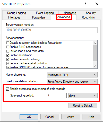 dns server enable scavenging